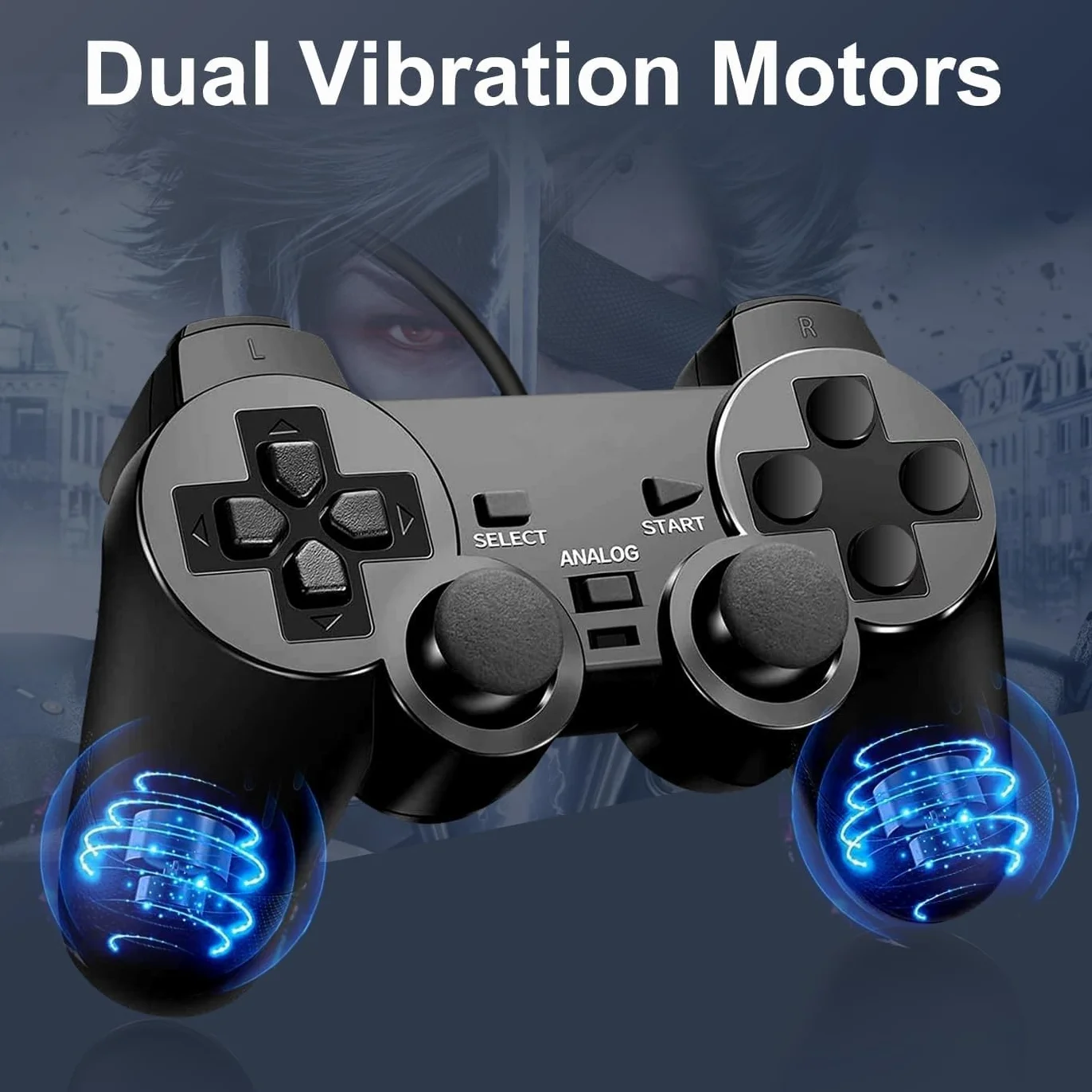FLLAGG20 | 2X Controller cablato Compatibile con Ps2, PS1, PSX | Nero, 1.8m cavo, | Doppia Vibrazione, Plug and Play, layout ergonomico | Joystick Compatibile con giochi arcade