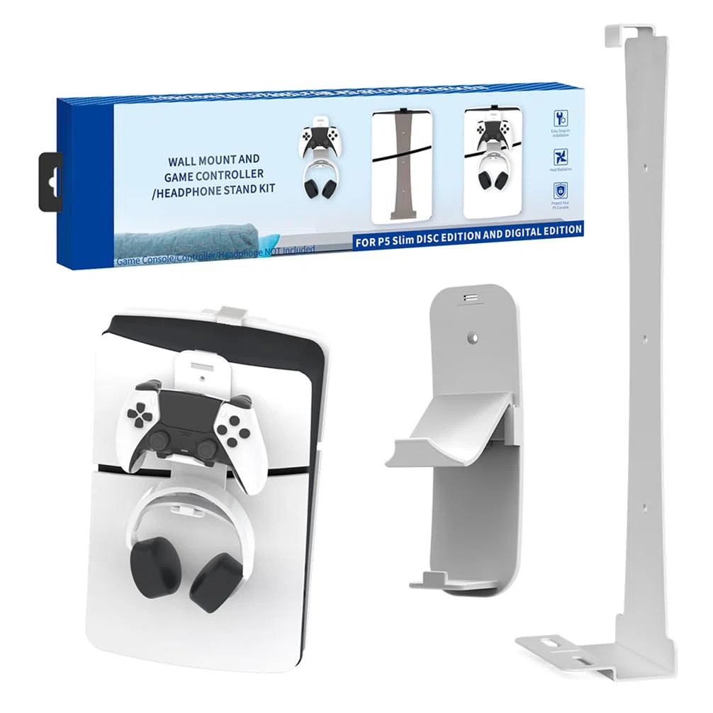 Supporto da parete per console PS5 SLIM + gancio di archiviazione PS5 SLIM/PC Gamepad verticale accessori (bianco)