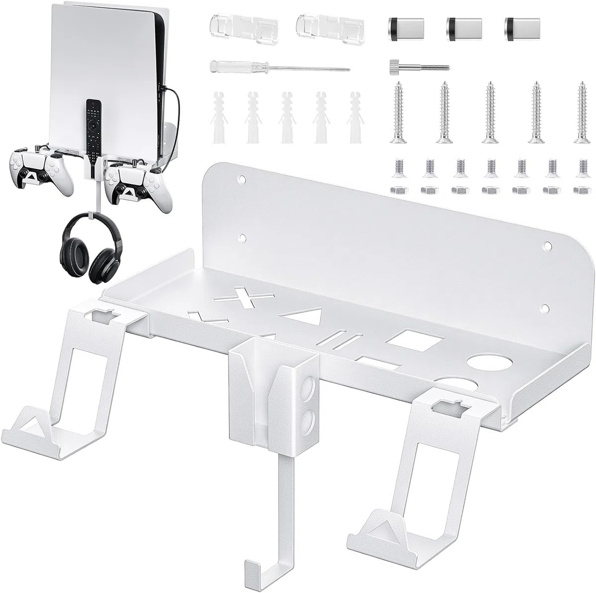 PS5 Supporto Parete Supporto PS5 Muro con 2-in-1 Cavo di Ricarica Magnetico per PlayStation 5 Disco e Digitale Supporto Parete PS5 con Supporto per Controller e Gancio per Cuffie (Bianco)