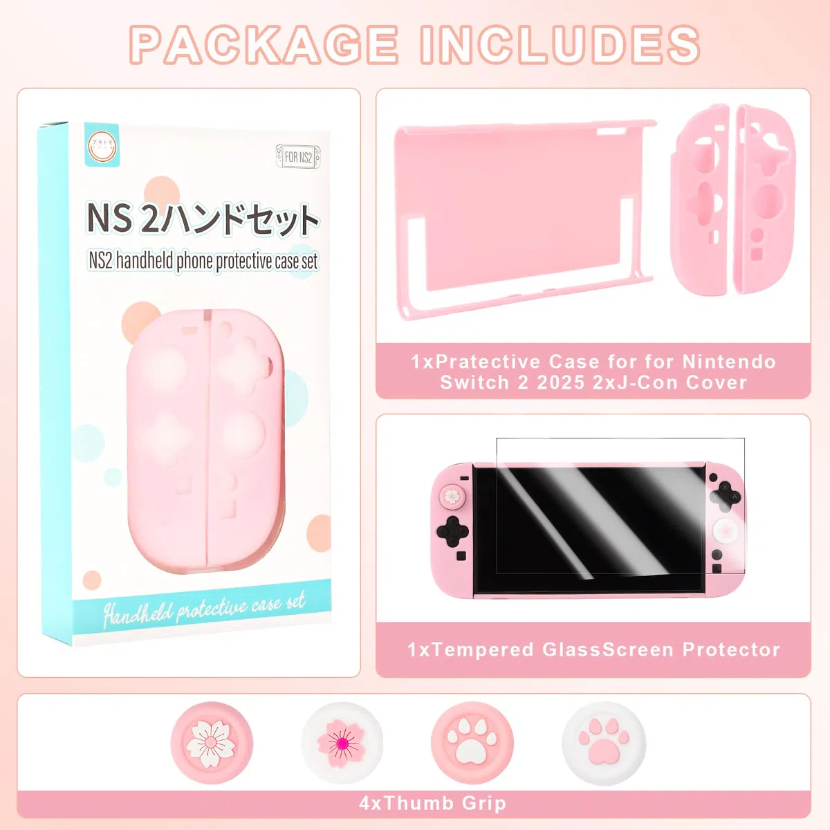 Custodia Protettiva Dockable per Nintendo Switch 2 (2025),Antigraffio,Antiurto e Resistente,Cover Compatibilità e Switch 2 per Joy-Con con Vetro Temperato,4 tappi Thumbstick (Rosa)