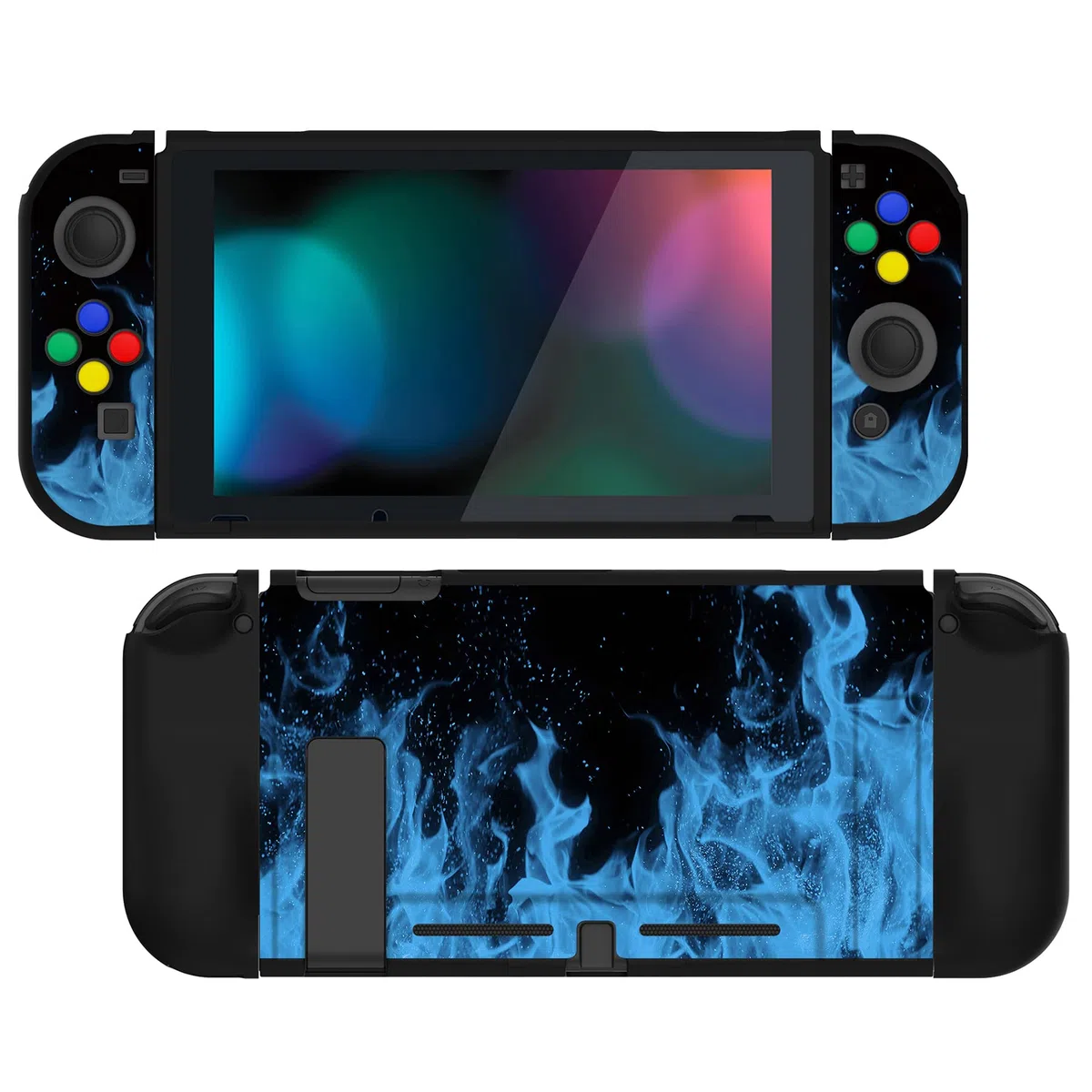 PlayVital Cover Protettiva Custodia per Nintendo Switch Copertura Morbida TPU Case per Joycon Console con Copri Tasti ABXY Direzionali Colorati-Fiamma Blu