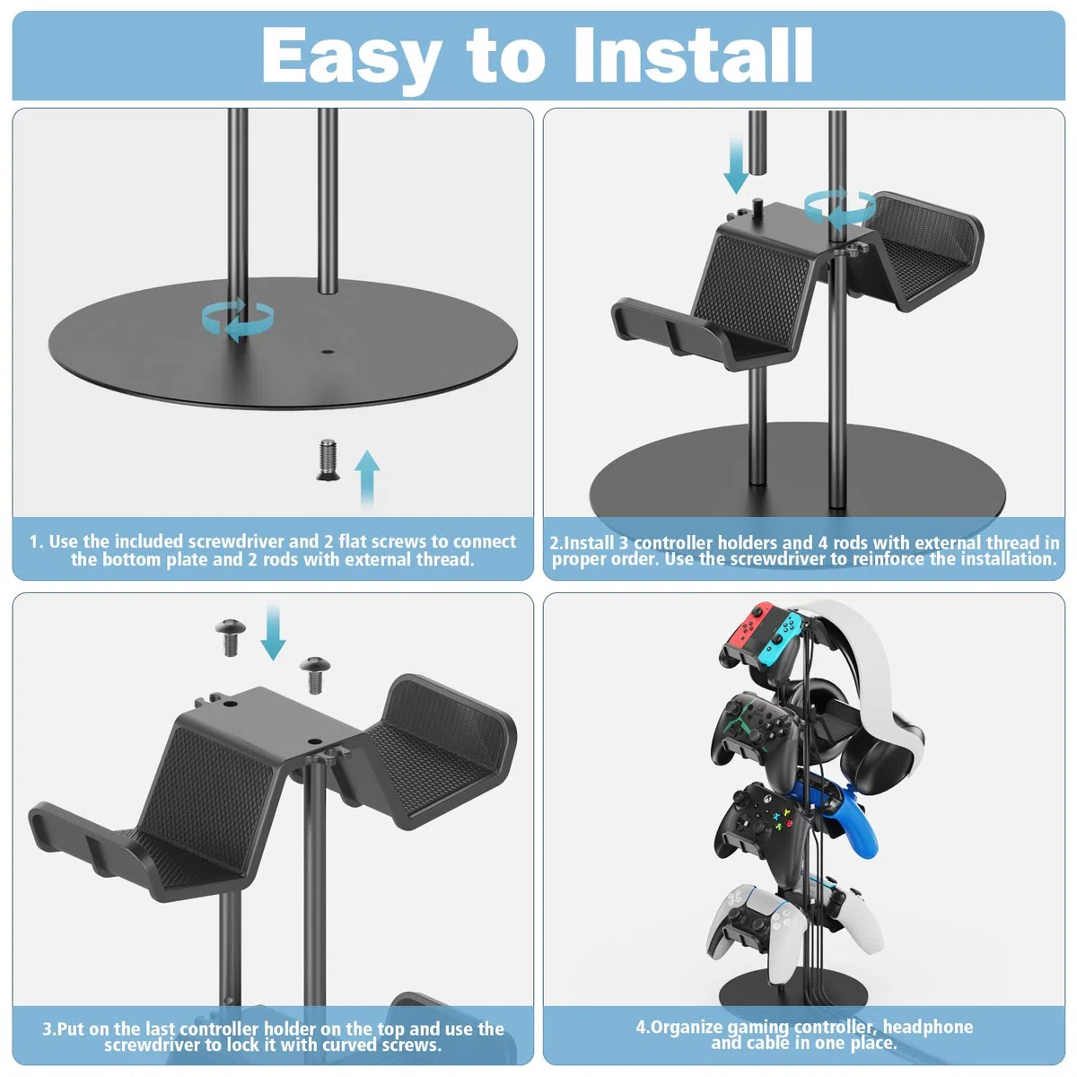Supporto Cuffie e Joystick a 4 Livelli, Porta Cuffie e Joystick Universale per PS5/PS4/Xbox/Nintendo Switch, Porta Controller a 8 Grandi Capacità, Accessori Gaming Organizer per Controller e Cuffi