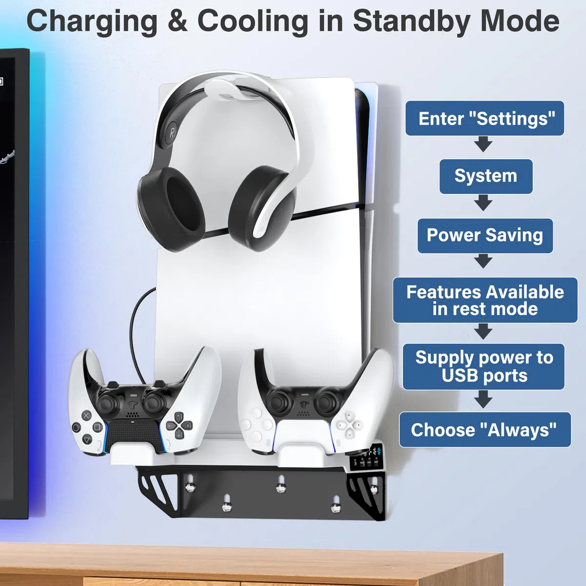 Kosker Supporto Parete PS5 con Ventola di Raffreddamento per PS5 Slim/PS5 Digital Edition e Disc Edition, Base PS5 Slim con Caricatore Controller, Supporto P 5 da Muro Staffa per PS5