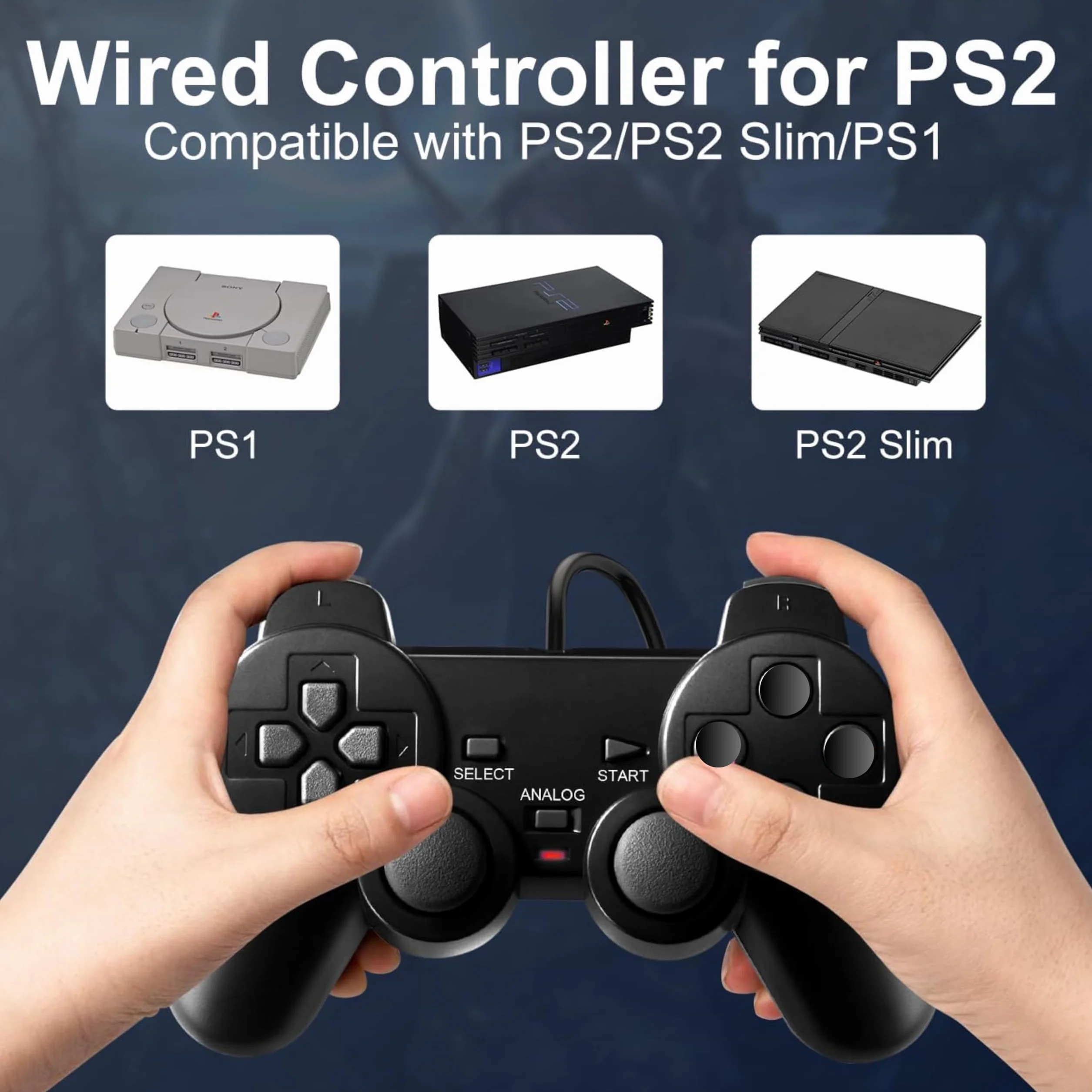 FLLAGG20 | 2X Controller cablato Compatibile con Ps2, PS1, PSX | Nero, 1.8m cavo, | Doppia Vibrazione, Plug and Play, layout ergonomico | Joystick Compatibile con giochi arcade