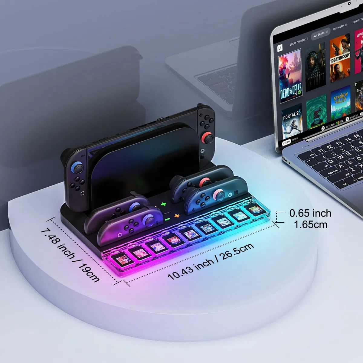 Stazione di Ricarica Joy Con Switch 2 (2025), Stazione di Ricarica per Controller Switch 2 con 7 Luci RGB, Ricarica 4 Impugnature Switch 2, Contiene 9 Schede di Gioco Switch e Accessori per Console Sw