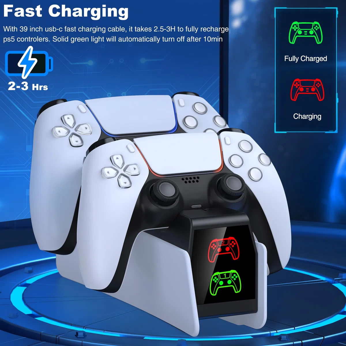 GAMSINGY Base Ricarica PS5, Caricatore Controller PS5 con Ricarica Rapida Di 2 Ore/Luce RGB/Indicatore LED, Caricatore Joystick PS5 per Controller Dualsense Wireless/Edge