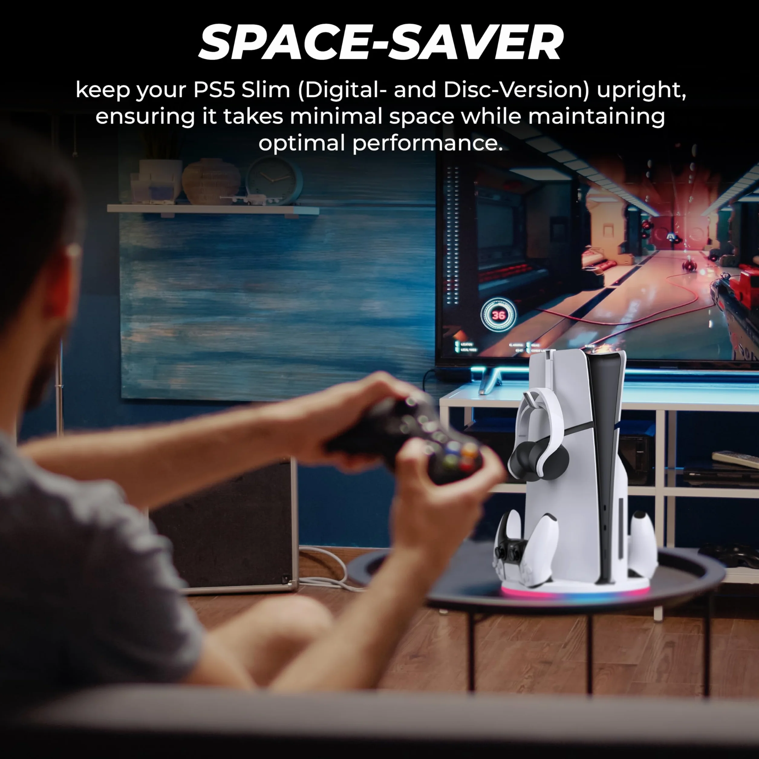 Supporto con caricatore Dual Controller per PS5 Slim - PlayStation 5 - Base di ricarica per Dual Controller e Supporto per Cuffie - Illuminazione RGB - Ricarica rapida - per Dual Sense e