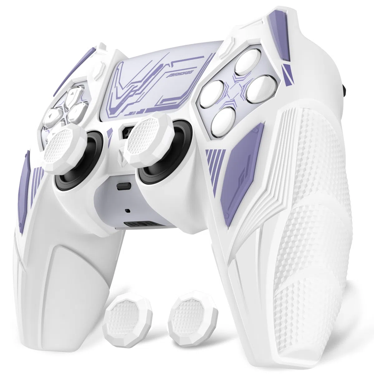 playvital Cover Controller per ps5 Joystick, Compatibile con ps5 Base di Ricarica, Custodia Silicone Antiscivolo Grip Ergonomico per Posizionamento Verticale, Mecha Rhino-Bianco&Lilla