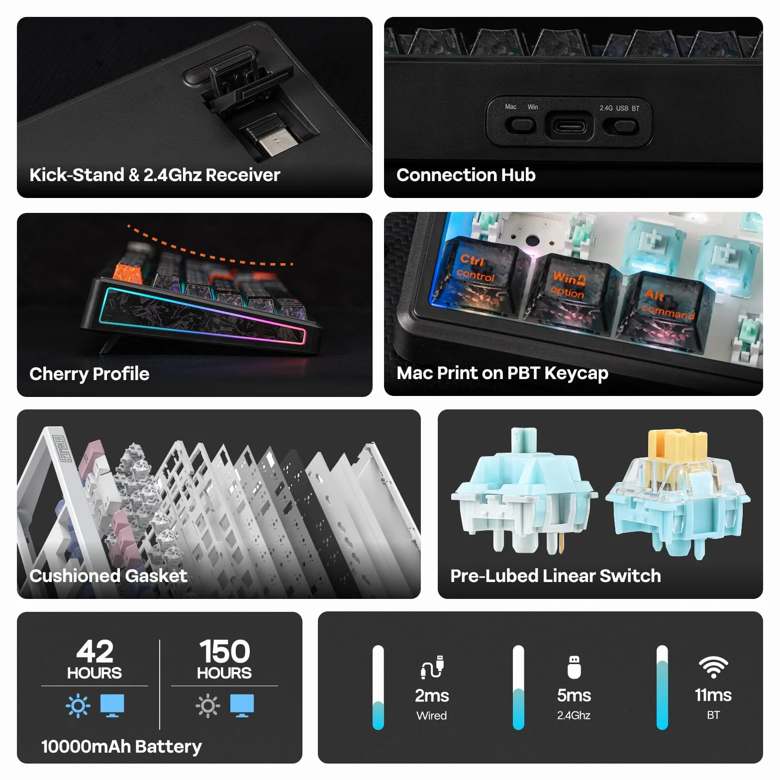 EPOMAKER TH108 V2 PRO Tastiera Meccanica Full Size con Schermo e Manopola, 10000mAh, BT/2.4Ghz, Tasti PBT per Mac, Hot Swap, Luci RGB, Tastiera Wireless Gaming per Mac/PC (Nero, Creamy Jade)