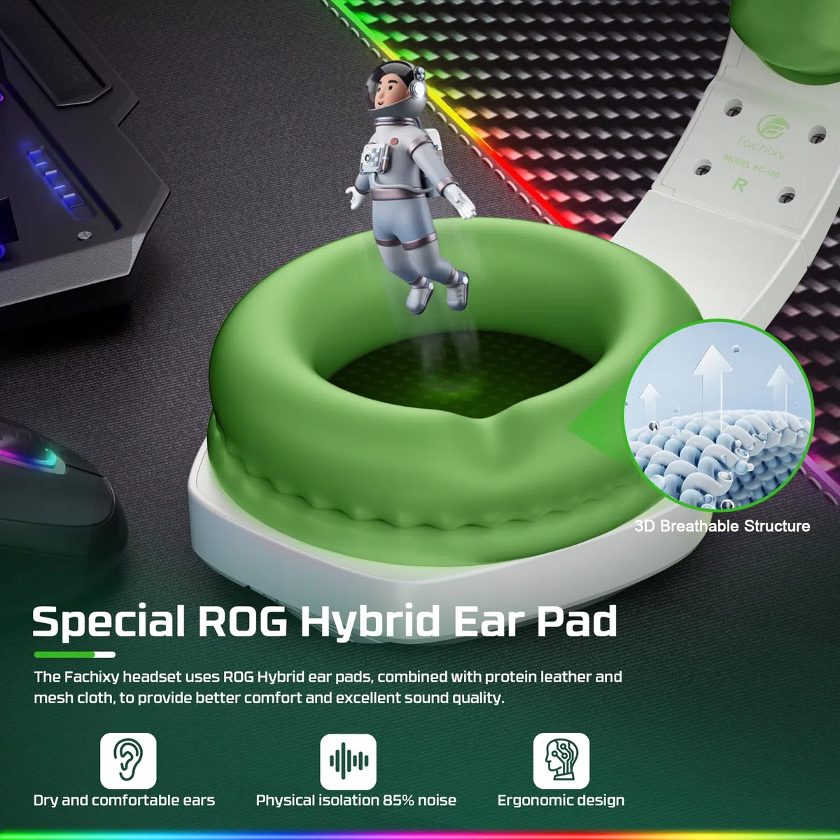 Fachixy FC100 Cuffie Gaming per PS4, PS5, PC, Xbox, Nintendo Switch, con Luce RGB, con Microfono, Audio Stereo, con Cancellazione Del Rumore con filo - BIANCO VERDE