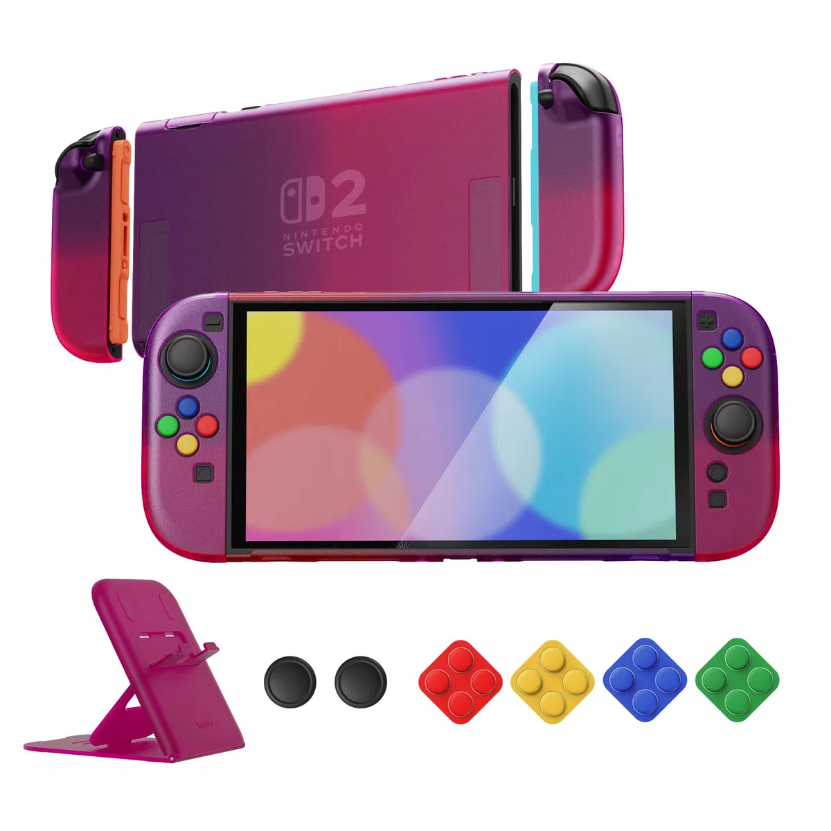 PlayVital Cover per Nintendo Switch 2 Custodia Rigida Dockable Protettiva Antigraffio, Copri Analogici/Tasti per Joycon, Supporto Pieghevole Accessori per Switch 2 Console, Trasparente Viola Rosa