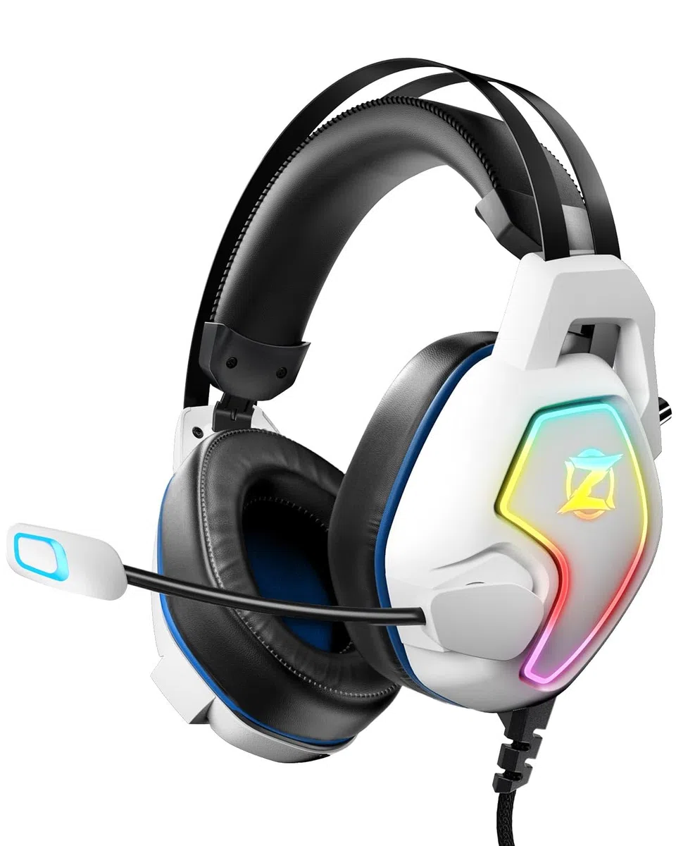 Ozeino Cuffie da gioco per PS4 PS5 PC Xbox One Switch, cuffie over-ear con suono surround, microfono con cancellazione del rumore, fascia a sospensione bianca