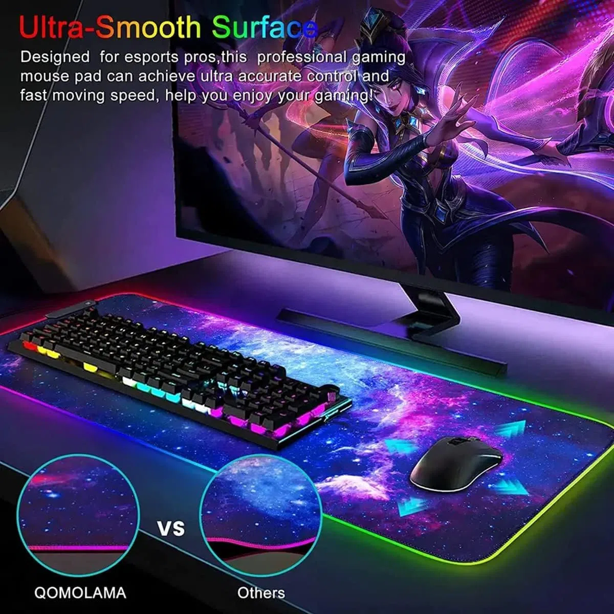 RGB Tappetino Mouse Gaming - Grande Tappetino per Mouse LED XXL 800x300mm, 12 RGB Effetti Luce Mouse Pad da Gioco Base di Gomma Antiscivolo per Tastiera, Laptop,Computer, PC, Gamer