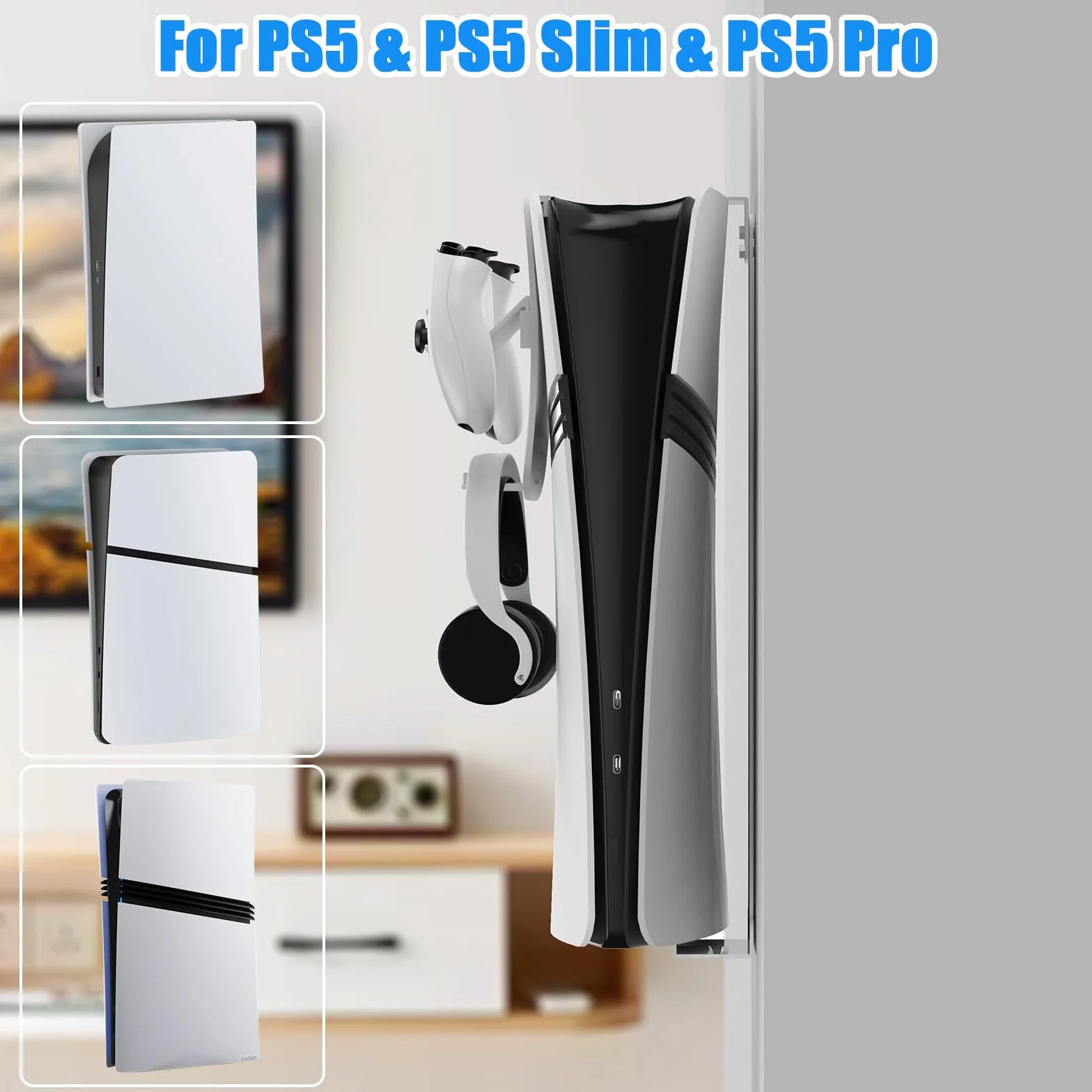 Supporto da parete per PS5 Slim, staffa da parete per PlayStation 5 Slim Staffa per montaggio a parete per PlayStation 5 Slim in acciaio robusto con Supporto per cuffie del controller (Bianco)