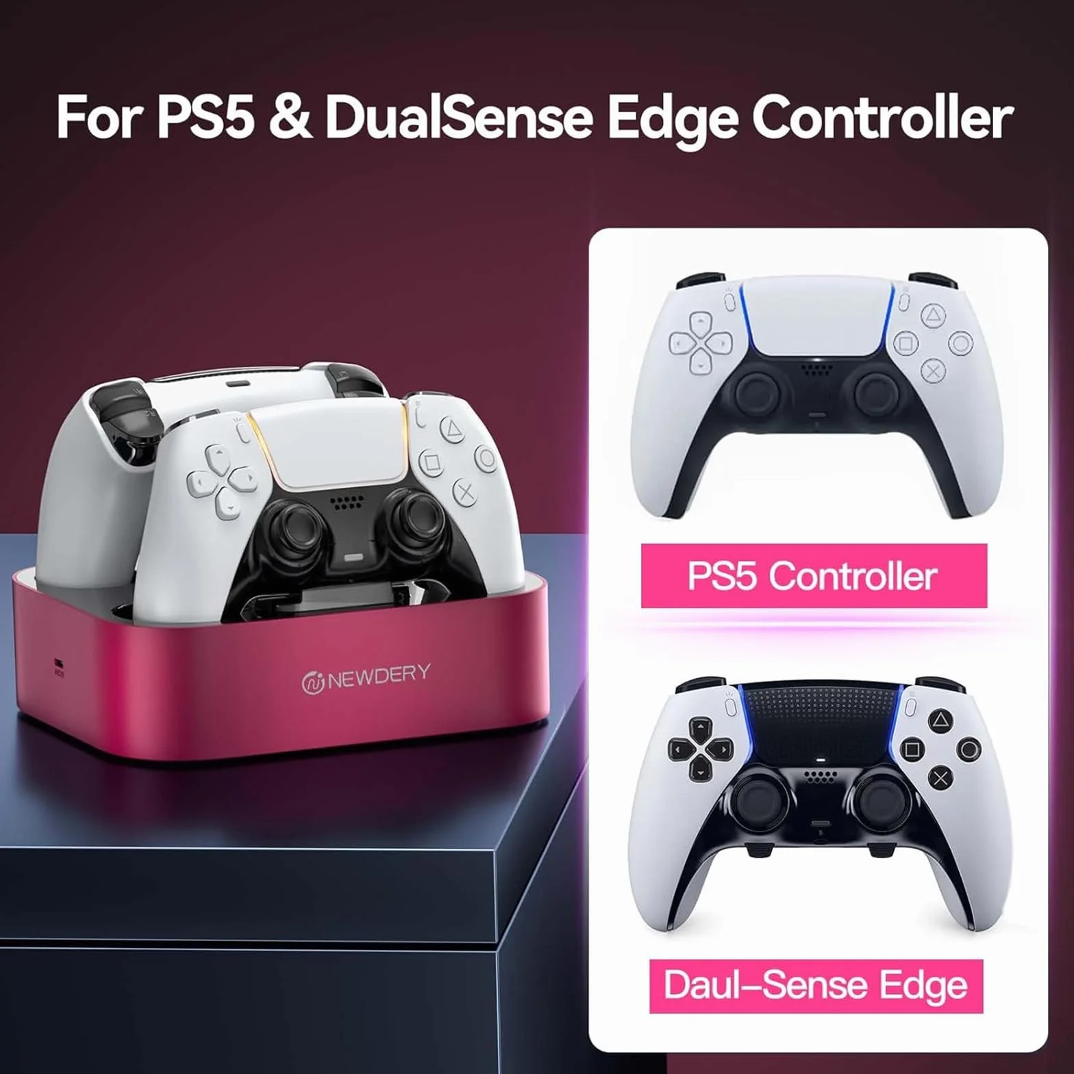 NEWDERY Stazione di ricarica per controller PS5 compatibile con Dualsense Edge, stazione di ricarica rapida con cavo, stazione di ricarica doppio controller per PlayStation 5 e Dual-Sense Edge