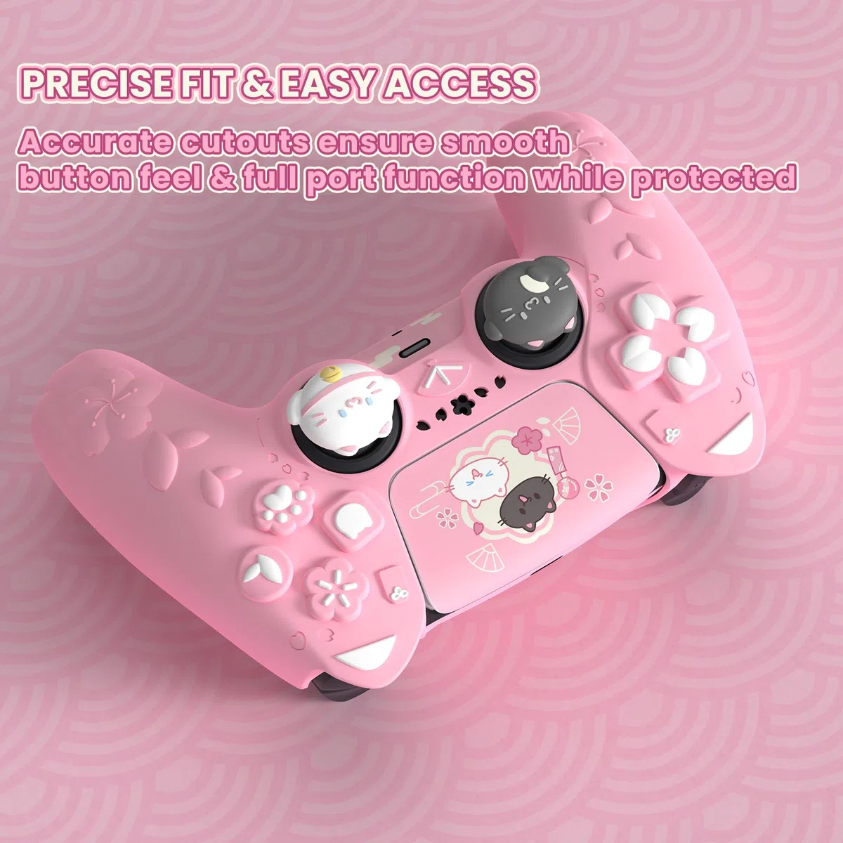 PlayVital Cover Controller per ps5 Joystick Custodia Silicone Grip Antiscivolo con Copri Analogici e Adesivi, Accessori Protettivi Carini, Adatto per ps5 Base di Ricarica, Gattino di Fiori-Rosa