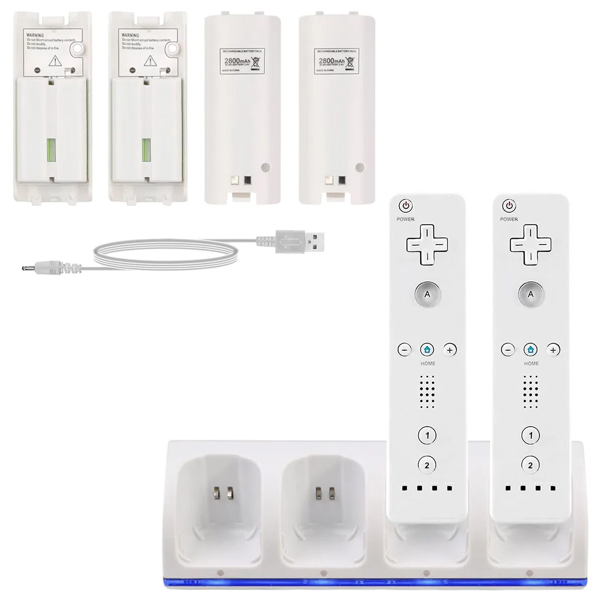 SANON Stazione di Ricarica per Controller Wii, 4 Dock di Ricarica Dock Station per Caricatore Remoto Wii con 4 Batterie Ricaricabili da 2800mAh & indicatori LED, Bianca