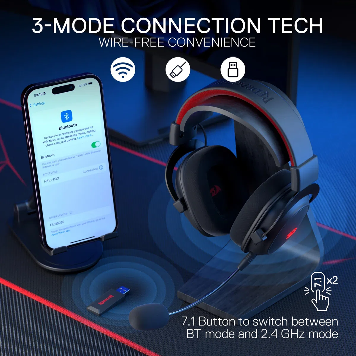 Redragon H510 Zeus-X RGB Cuffie da gioco senza fili - Suono surround 7.1 - Driver audio da 53MM con cuscinetti auricolari in memory foam con rivestimento in tessuto resistente - Alimentazione USB