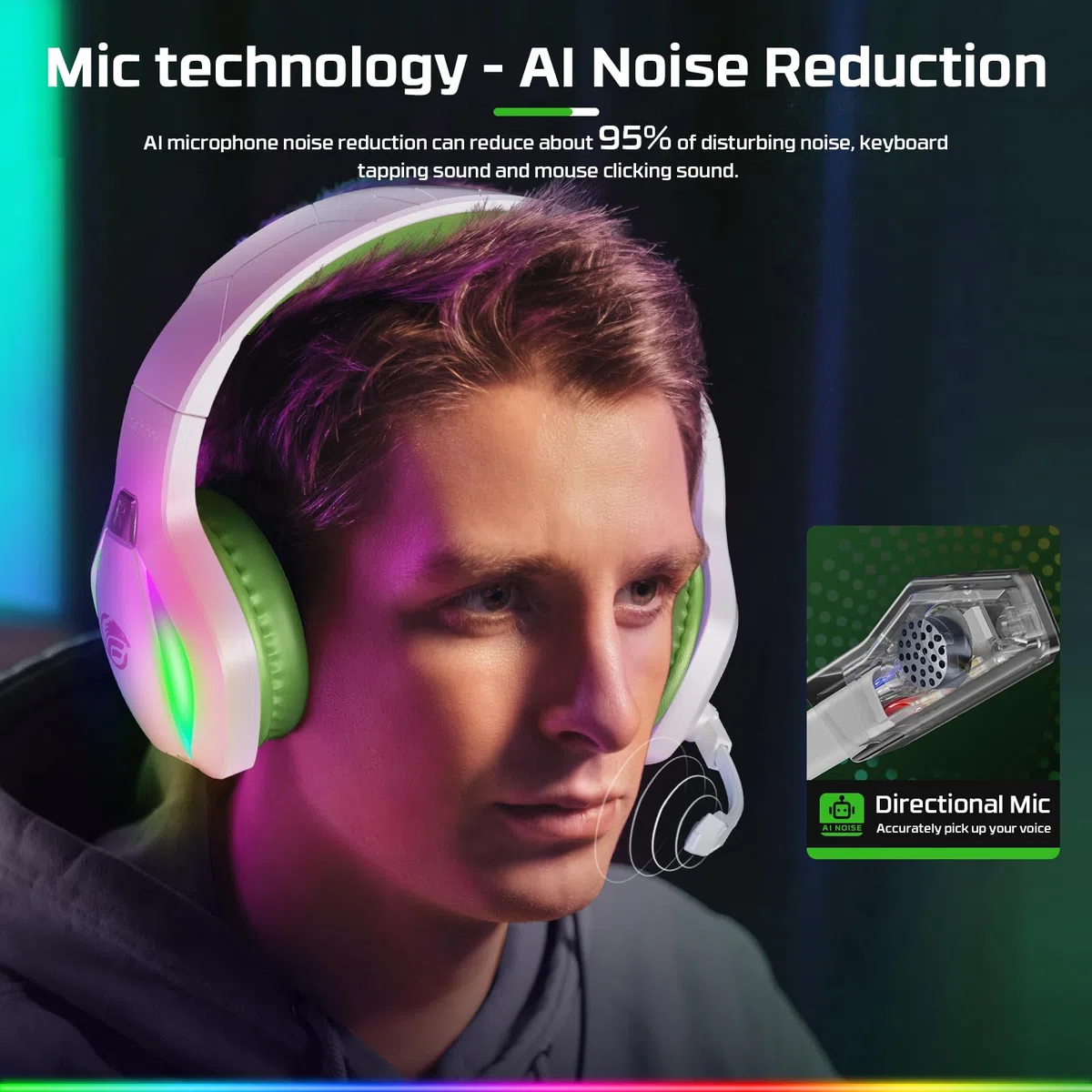 Fachixy FC100 Cuffie Gaming per PS4, PS5, PC, Xbox, Nintendo Switch, con Luce RGB, con Microfono, Audio Stereo, con Cancellazione Del Rumore con filo - BIANCO VERDE