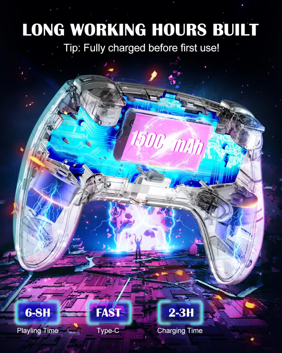 MYSTILUCK Controller Wireless per PS4/PS3/Pro/PC/MAC/iOS/Android/Steam Deck, Controllore con illuminazione RGB 7 Colori/Joystick Effect Hall/Doppia Vibrazione/Turbo/Jack Cuffie/Batteria 1500 mAh