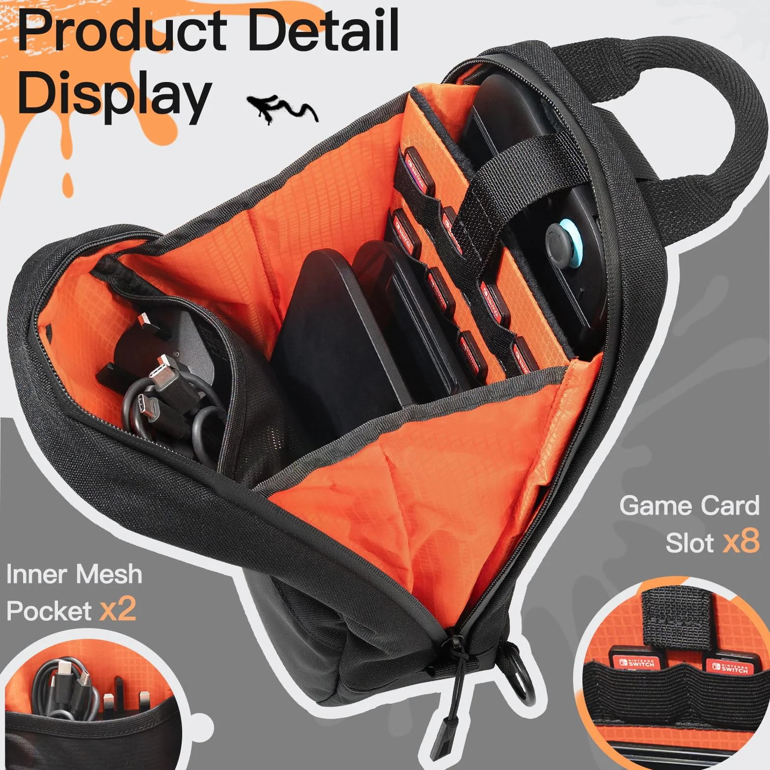 JETech Borsa a Tracolla per Nintendo Switch 2/Switch OLED/Switch Consolle, Borsa a Tracolla con 8 Scomparti per Schede di Gioco, Ampia Capacità per Accessori e Caricabatterie, Nero