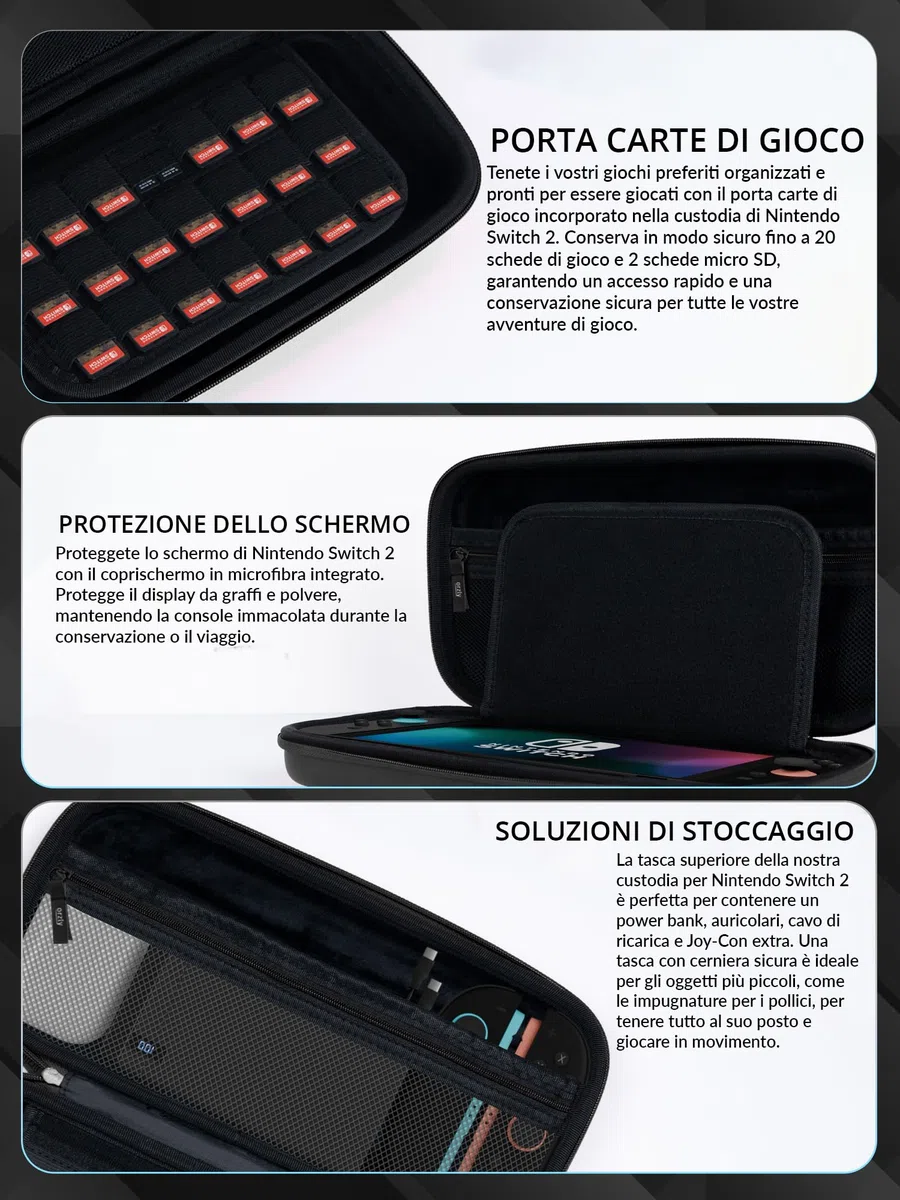 Orzly Custodia per Nintendo Switch 2, custodia protettiva da viaggio con pad per lo schermo, schede di gioco e slot MicroSD con tasche per gli accessori della console
