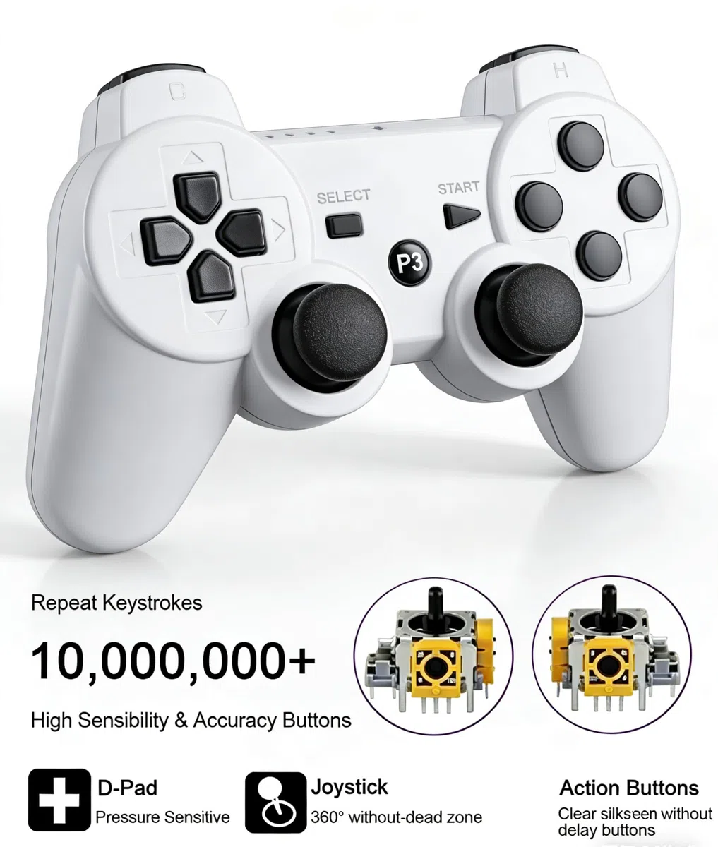 PS-3 Controller 2 Pack, Dual Shock 3 Wireless Gamepad Joystick for PlayStation 3, Compatible with PS-3 Console, Ergonomic Design, Rechargeable Battery, Vibration Feedback - 2 Controllers in Set