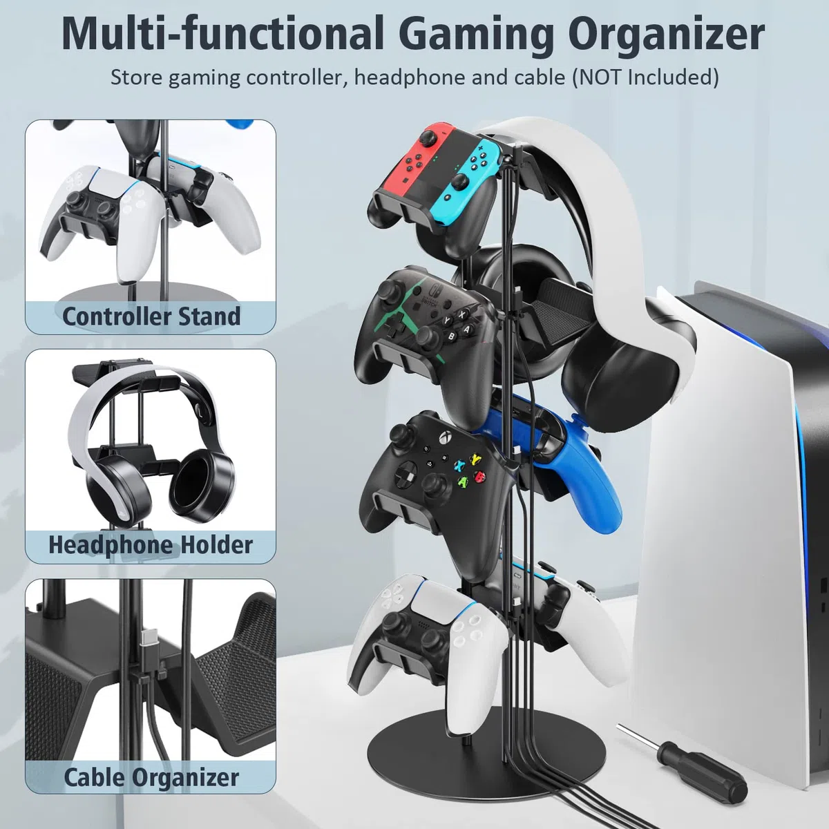 Supporto Cuffie e Joystick a 4 Livelli, Porta Cuffie e Joystick Universale per PS5/PS4/Xbox/Nintendo Switch, Porta Controller a 8 Grandi Capacità, Accessori Gaming Organizer per Controller e Cuffi