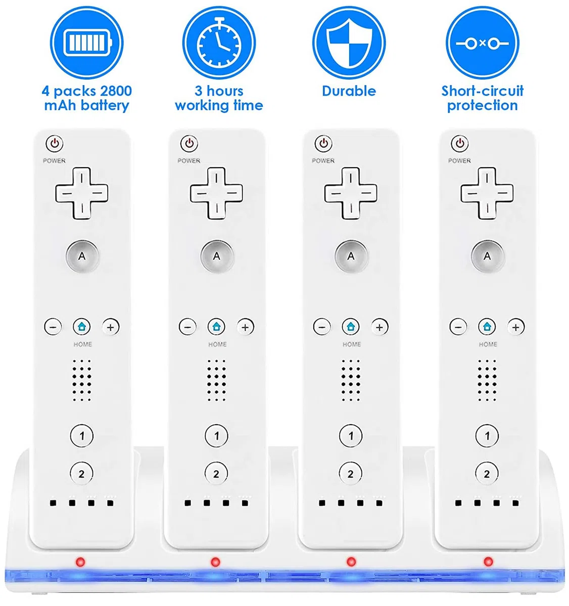 SANON Stazione di Ricarica per Controller Wii, 4 Dock di Ricarica Dock Station per Caricatore Remoto Wii con 4 Batterie Ricaricabili da 2800mAh & indicatori LED, Bianca