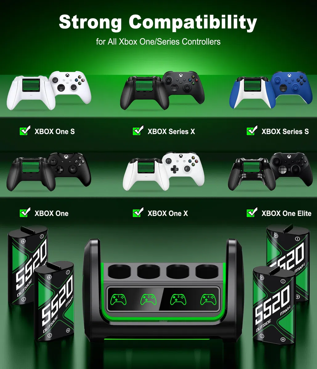 Batteria per controller Xbox con 4 batterie da 5520 mWh per Xbox One/Xbox Series X/S, stazione di ricarica ricaricabile per Xbox One con porta USB per la ricarica