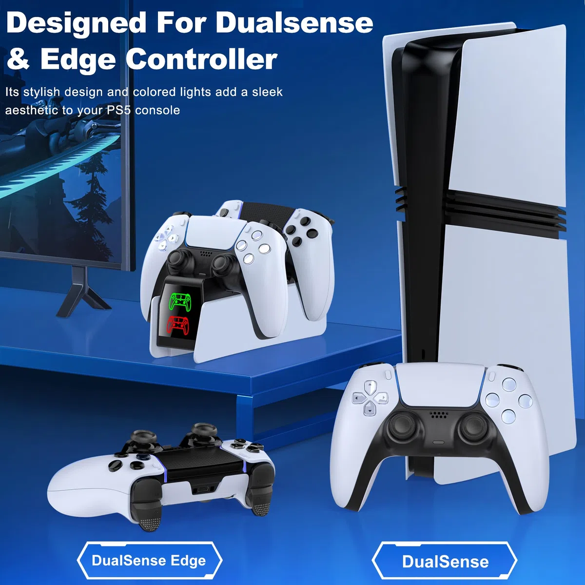 GAMSINGY Base Ricarica PS5, Caricatore Controller PS5 con Ricarica Rapida Di 2 Ore/Luce RGB/Indicatore LED, Caricatore Joystick PS5 per Controller Dualsense Wireless/Edge