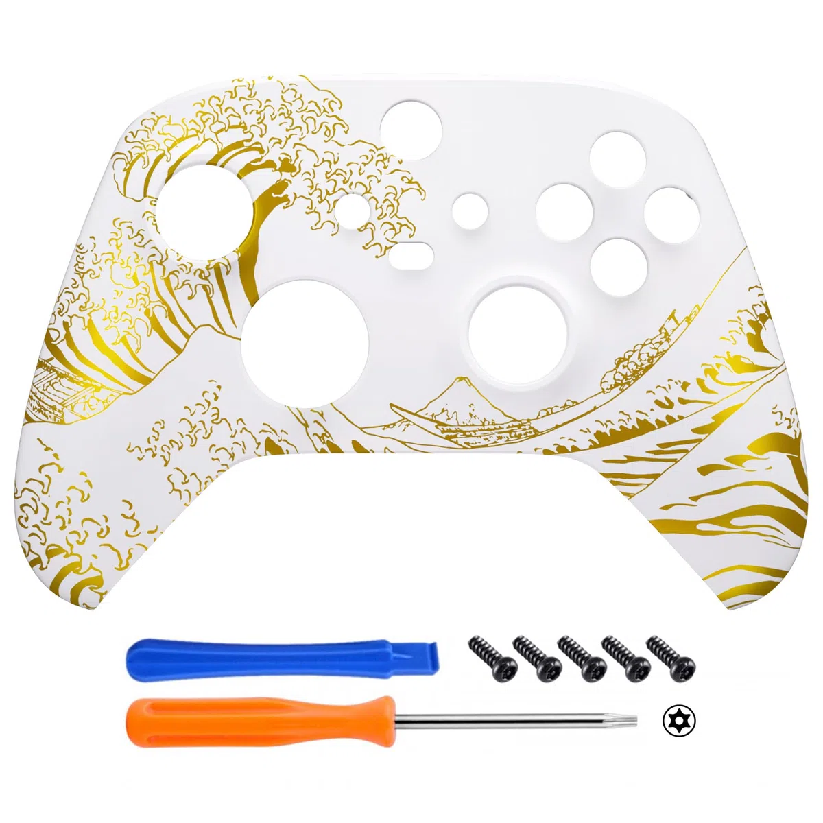 eXtremeRate Cover Frontale per Xbox Series X S Controller Model 1914,Scocca Custodia Copertura Ricambio per Xbox Series X S Joystick,Senza Controller-Grande Onda d'oro Bianca