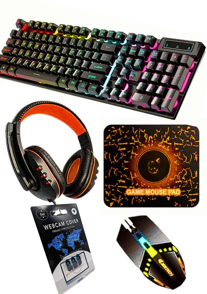 -Combo Gaming 5 in 1-Kit Completo per Giocatori-Include Tastiera meccanica retroilluminazione RGB-Mouse ergonomico ottico 4000 DPI-Cuffie audio stereo microfono-Copri webcam-Perfetto per principianti-