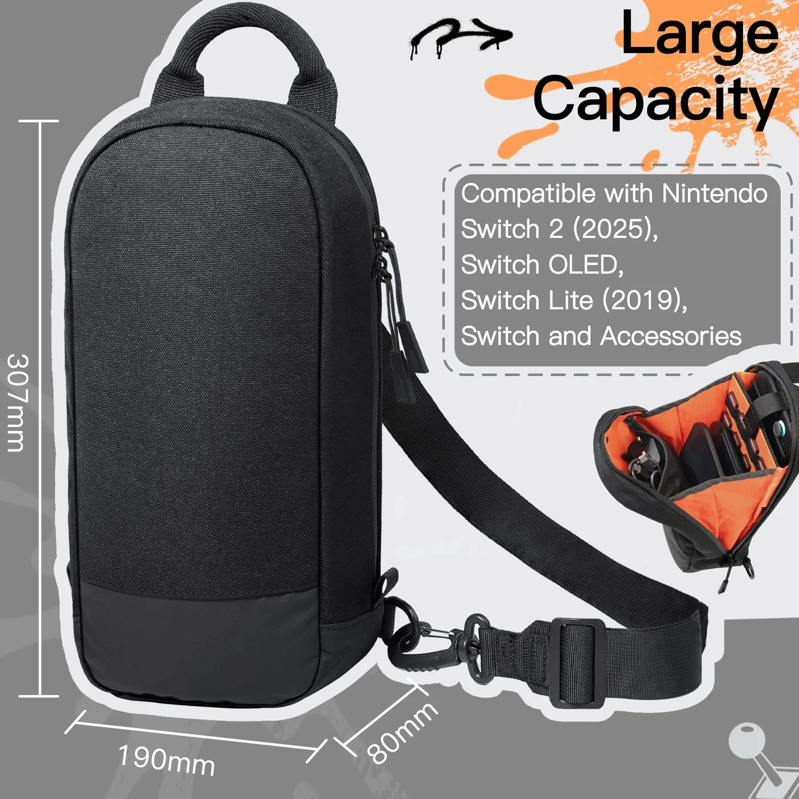 JETech Borsa a Tracolla per Nintendo Switch 2/Switch OLED/Switch Consolle, Borsa a Tracolla con 8 Scomparti per Schede di Gioco, Ampia Capacità per Accessori e Caricabatterie, Nero