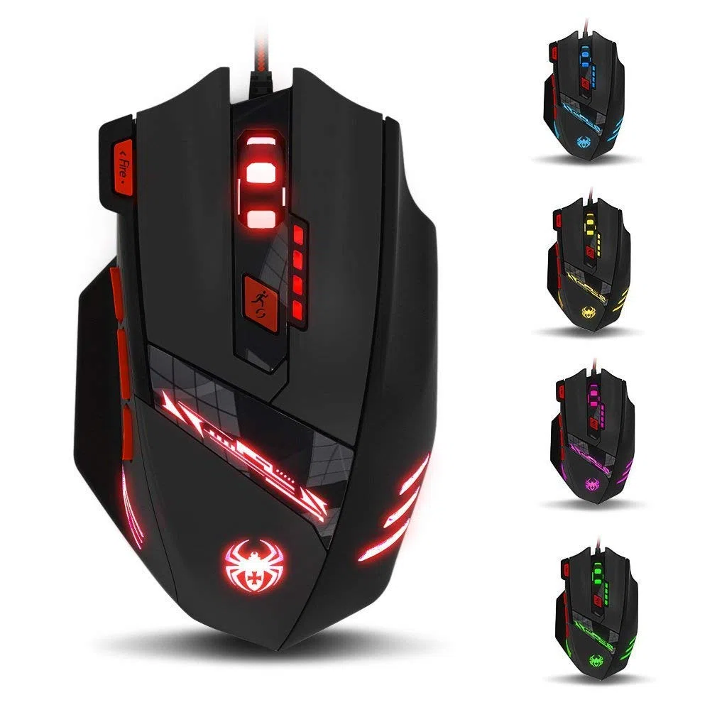 zelotes - Mouse da gioco T90, risoluzione9200 DPI, 8 pulsanti, luci LED multimodali, attacco USB, regolamento del peso, per computer portatile, desktop, PC e MacBook, colore nero