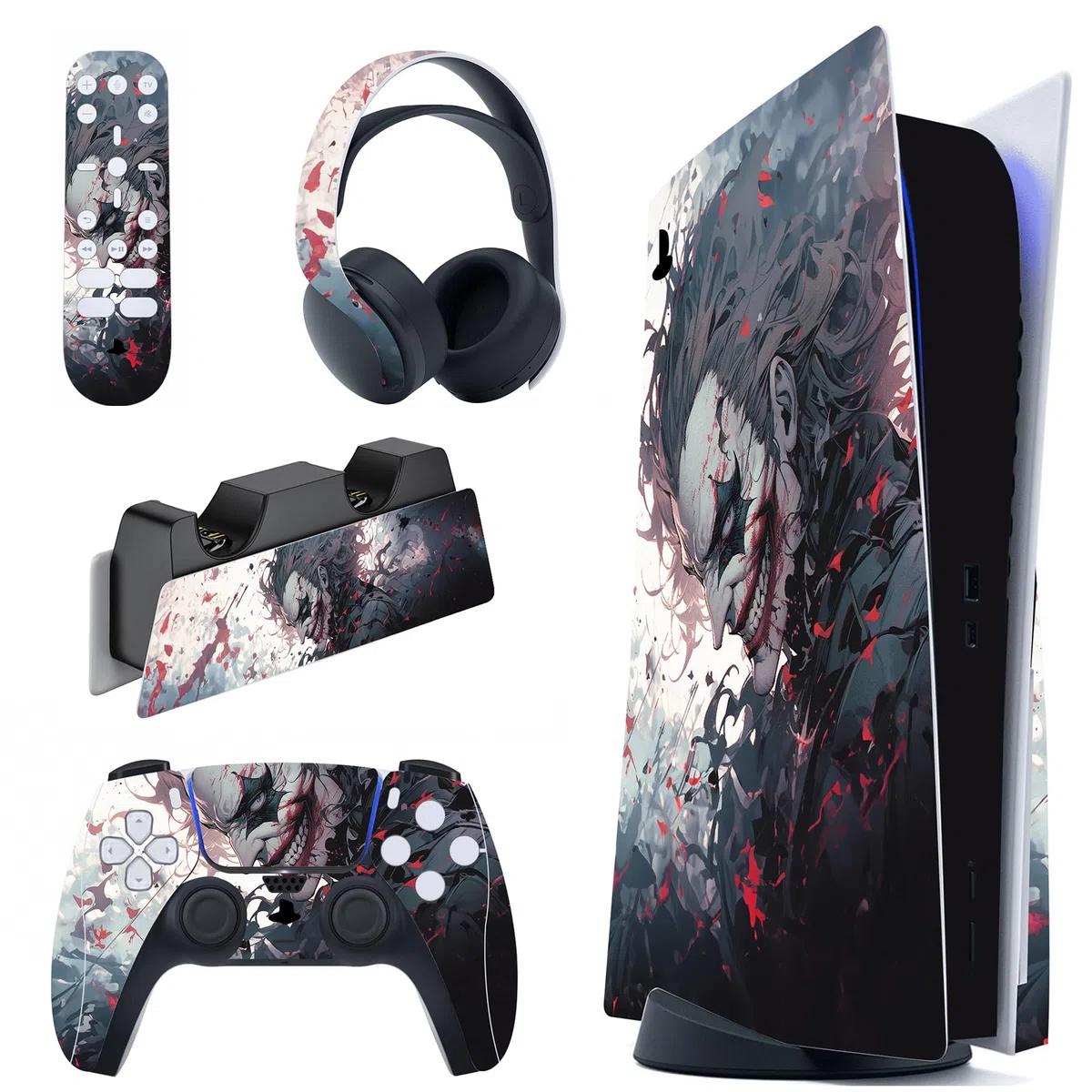 PlayVital Adesivo Skin per ps5 Standard Disc Edition Console, Sticker Decal Cover Vinile per ps5 Controller Telecomando Cuffie Base di Ricarica, Pagliaccio Sangue