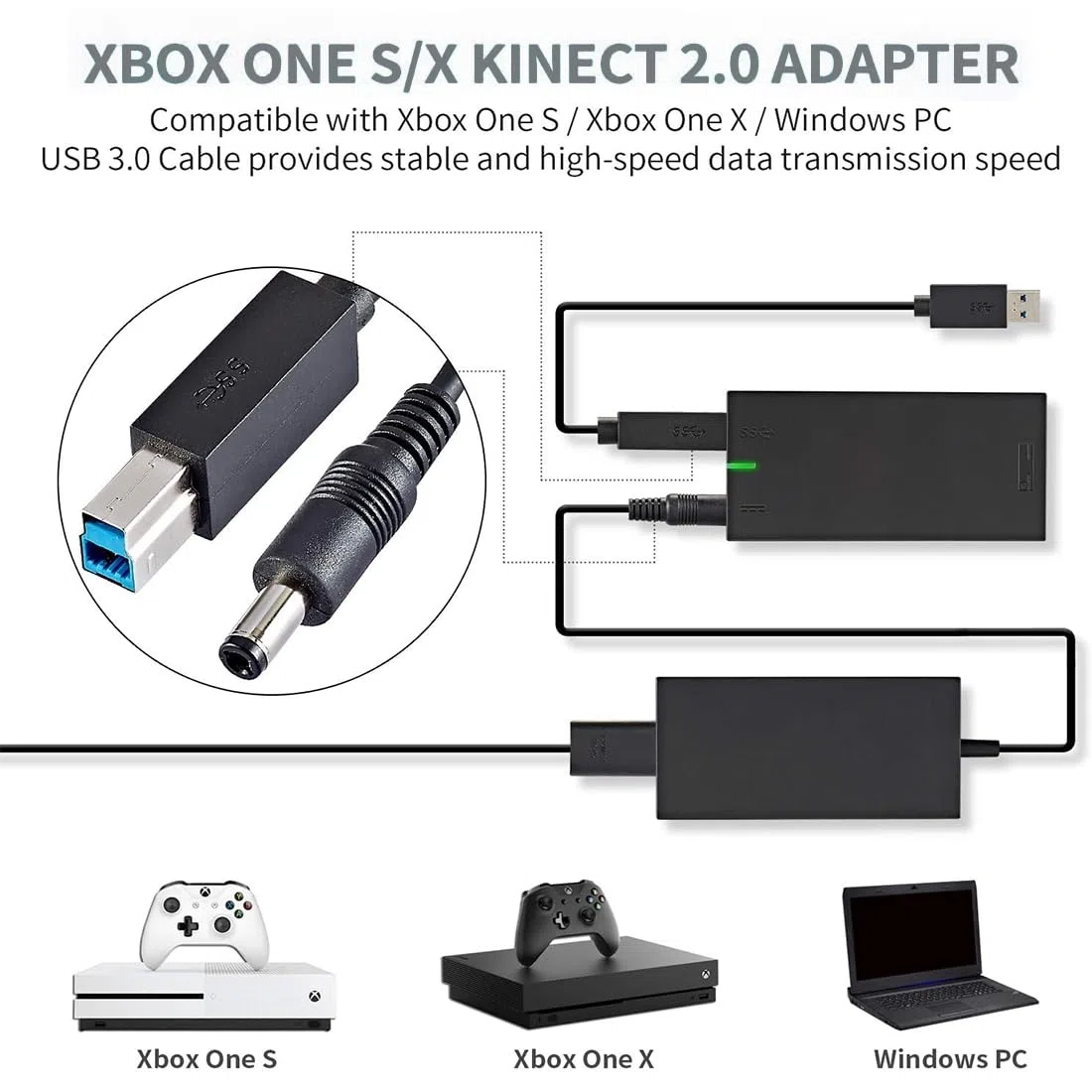 Adattatore per Xbox One S, X, Windows PC Alimentatore per Xbox 1S, 1 sensore Kinect 2.0 per PC Windows 10, 8.1, 8
