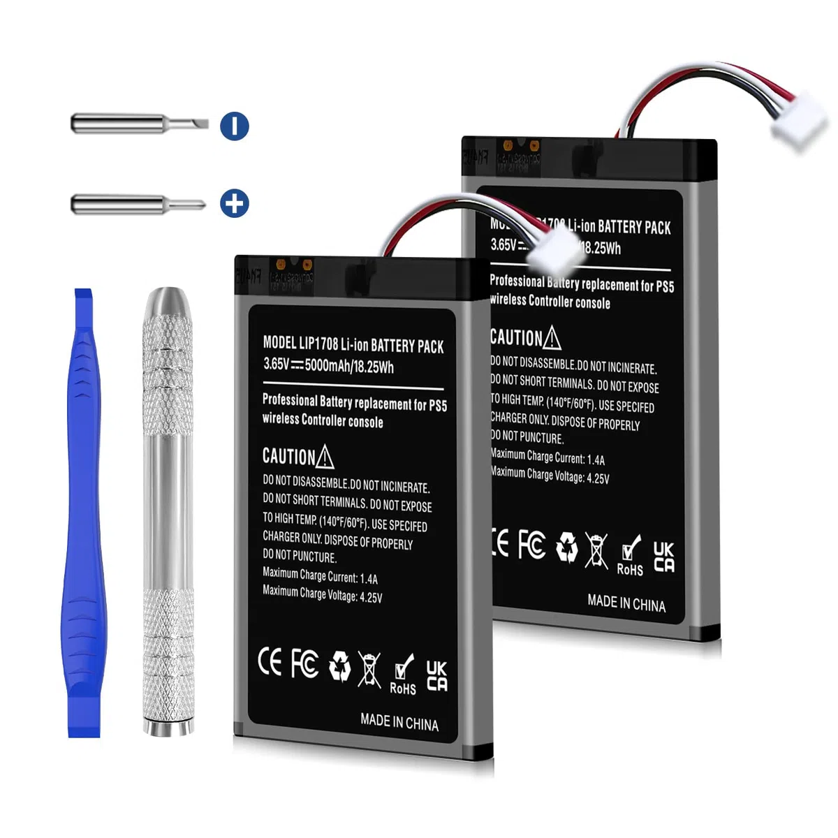 2X LIP1708 Batteria per Sony Controller PS5, 5000mAh ad alta capacità Batteria di ricambio per Playstation 5 DualSense CFI-ZCT1W con kit di riparazione