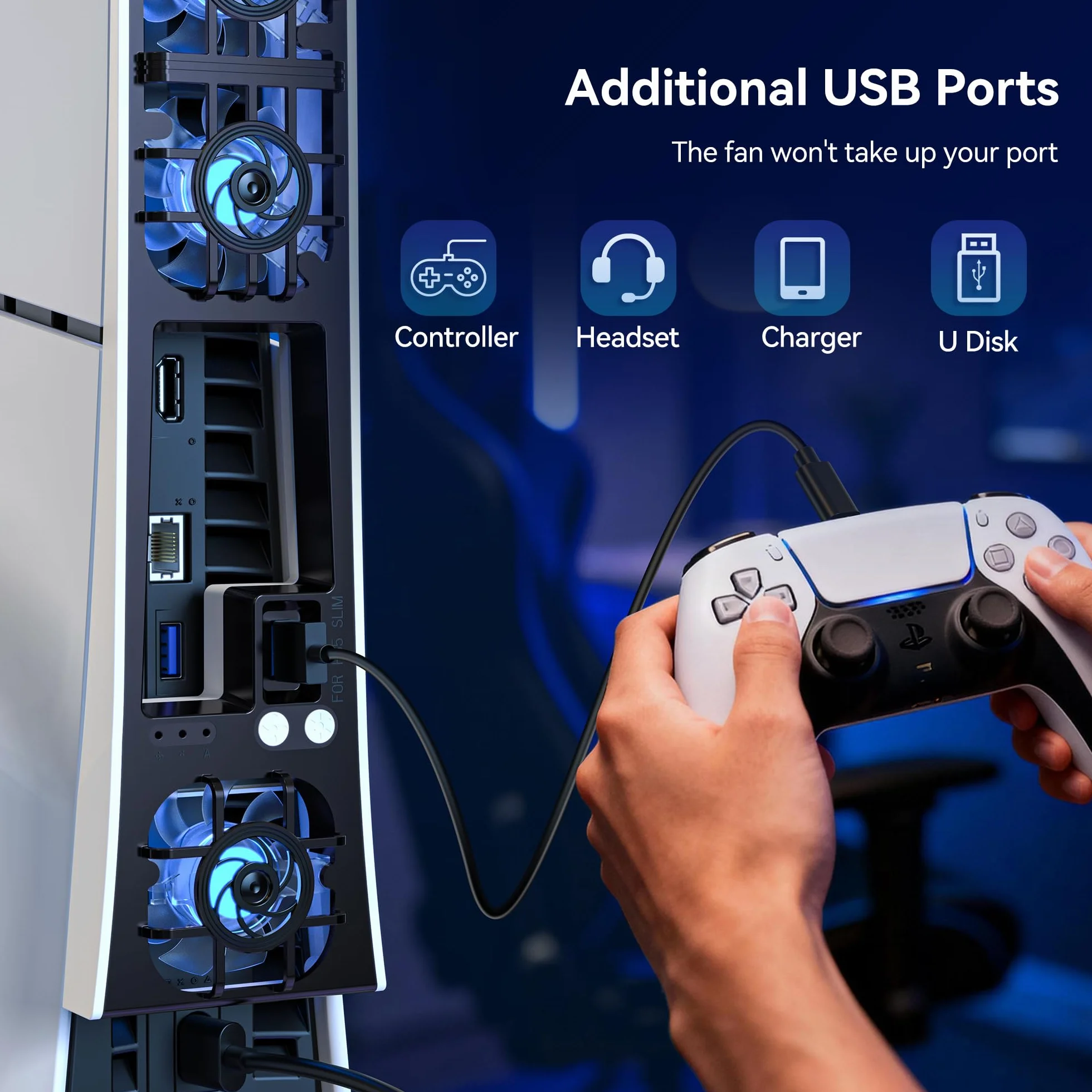 NEWDERY Ventola di raffreddamento per console PS5 Slim, ventola di raffreddamento silenziosa aggiornata, velocità regolabile in temperatura automatica, luce RGB dinamica, porta USB 3.0