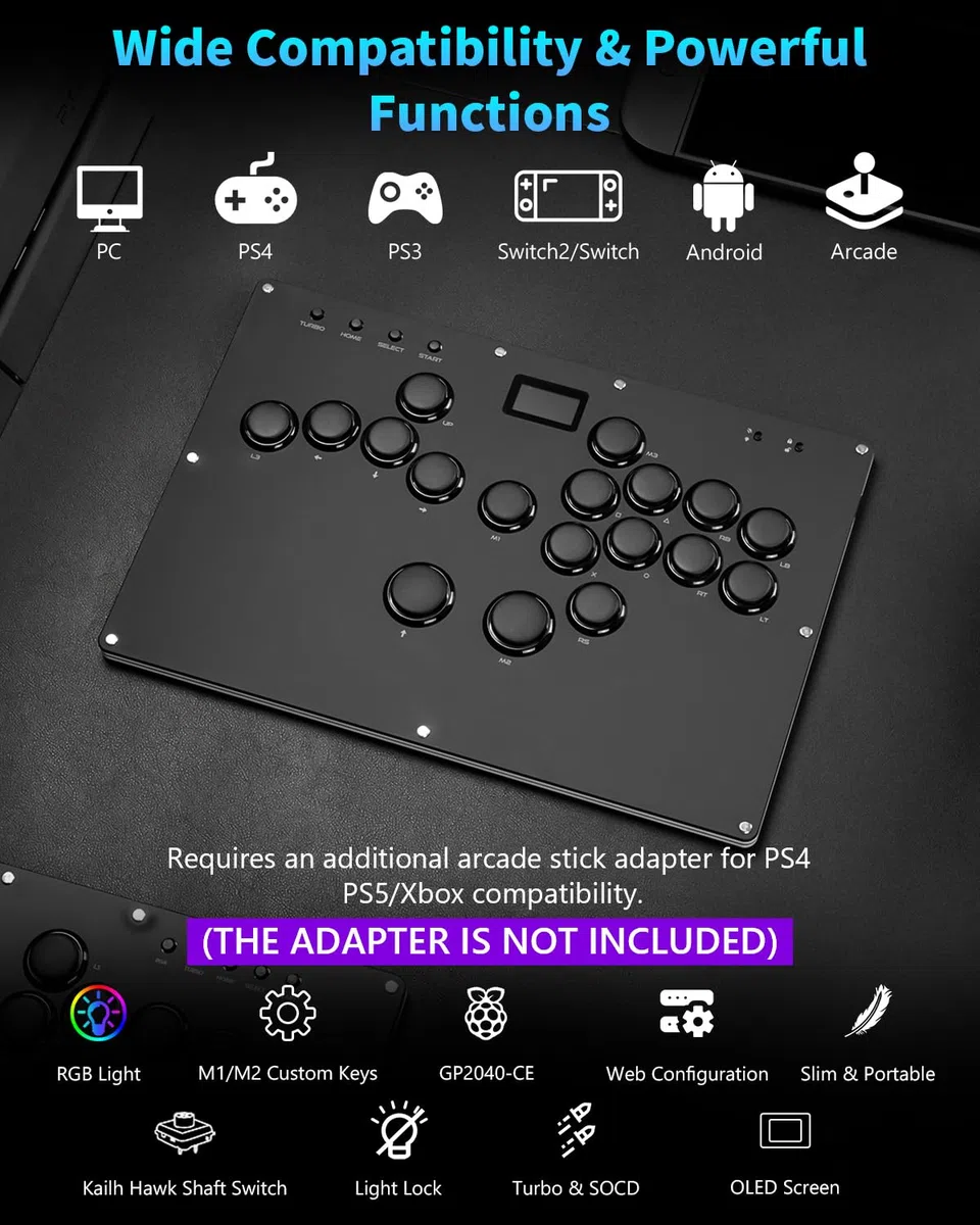 GuileKeys Arcade Stick GK-18 Controller Arcade Tutti i Pulsanti con Turbo e RGB personalizzato, Tastiera di Gioco Arcade Fight Stick per PC/Switch/PS4/PS3, Supporto Hot Swap e SOCD