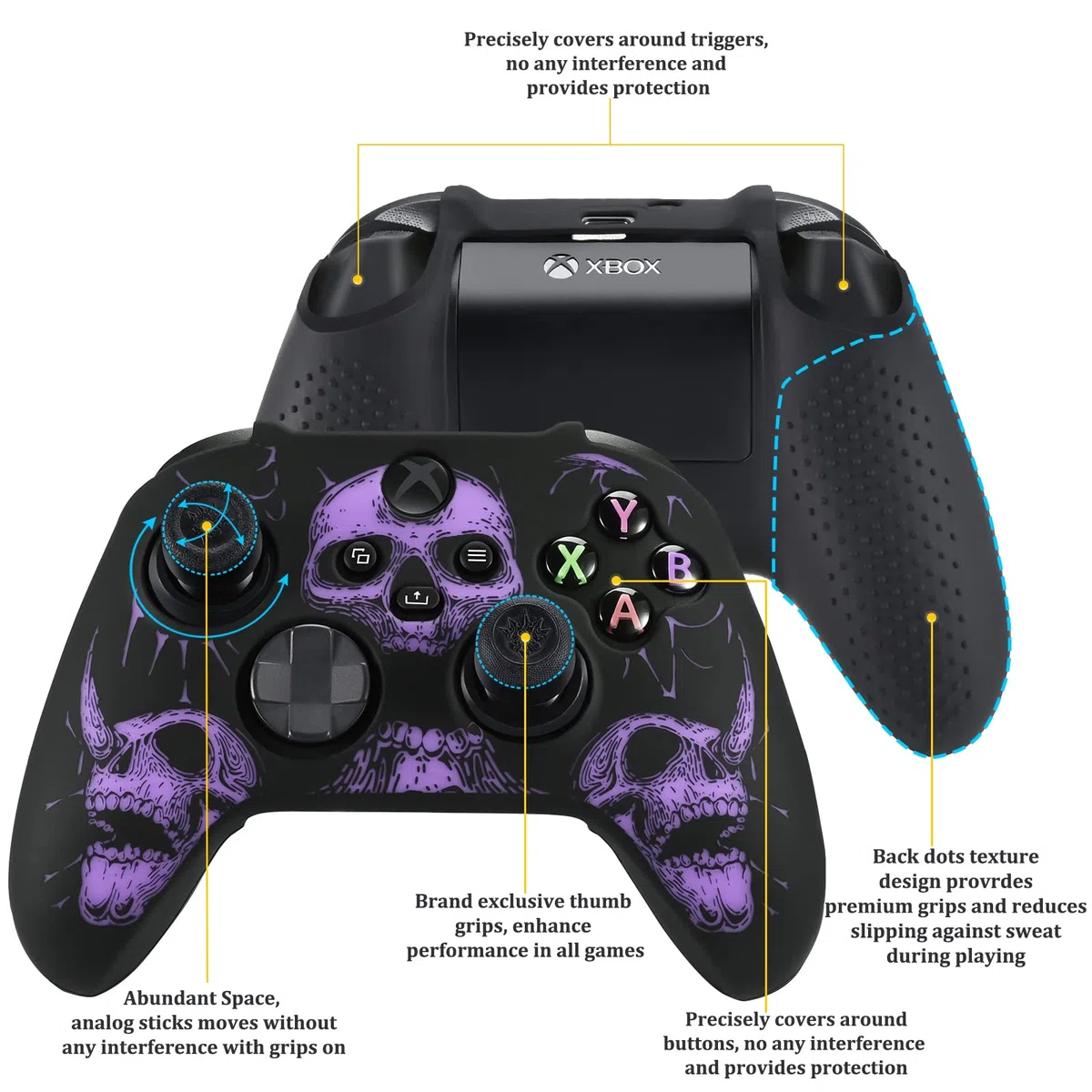 YoRHa Intaglio Laser Silicone Pelle Cassa Skin per Controller Xbox Series X/S x 1 (Viola) con Thumb Grips x 8