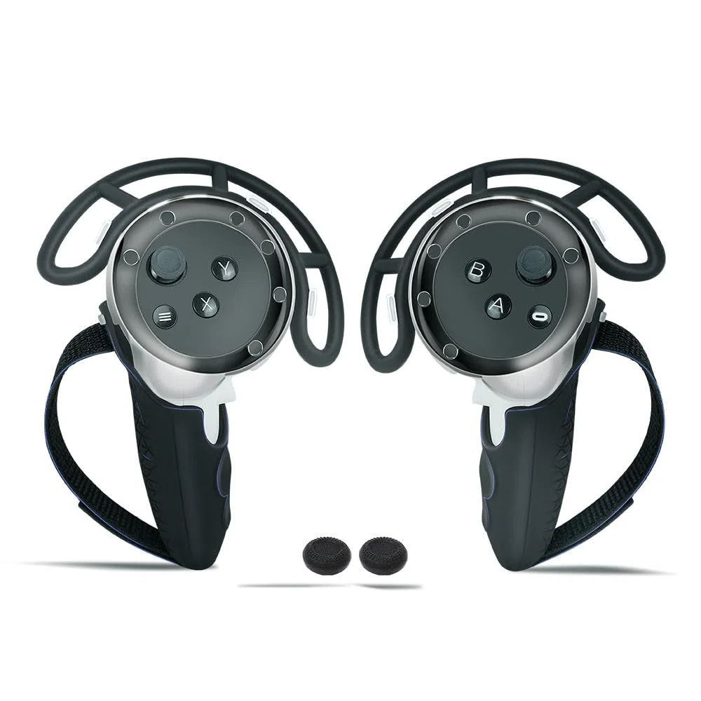 Per Meta Quest 3 - Custodia per impugnature del controller + anello paracolpi per impugnature + tappi per i pulsanti del pollice,Custodia protettiva in silicone con cinturino per le nocche (Nero)