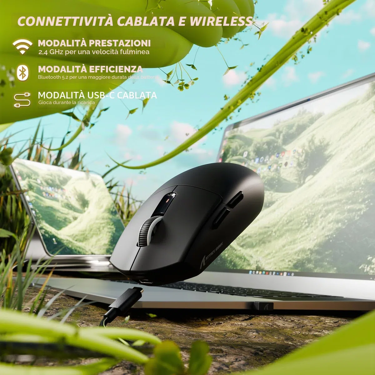 ATTACK SHARK G3 Mouse Gaming Wireless, 59g SUPERLIGHT, 25000 DPI, Sensore PixArt PAW3311, 80 Milioni di Click, Bluetooth/2.4G/USB-C Cablato, Batteria da 500mAh, per PC/Mac, Nero