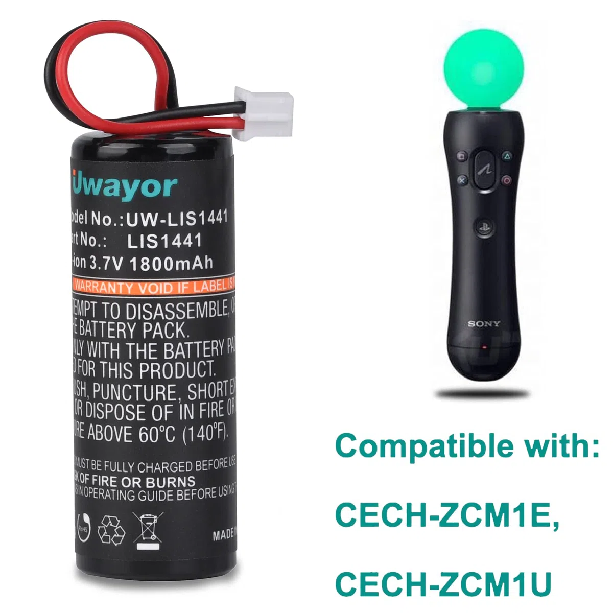 LIS1441 - Batteria di ricambio 1800 mAh per PS3 Move Motion Controller CECH-ZCM1E CECH-ZCM1U Playstation Move Motion Controller, 3,7 V