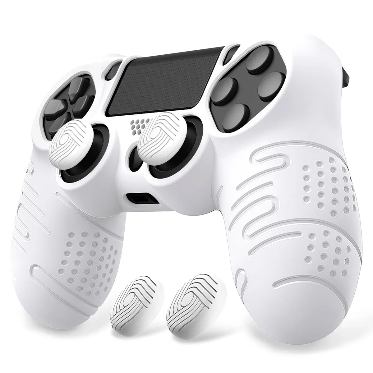 PlayVital Cover per ps4 Controller,Custodia Skin Protettiva Silicone Antiscivolo per ps4 Slim Pro Joystick con Gommini Copri Levette Analogiche(Linea&Punto Edizione)-Bianco