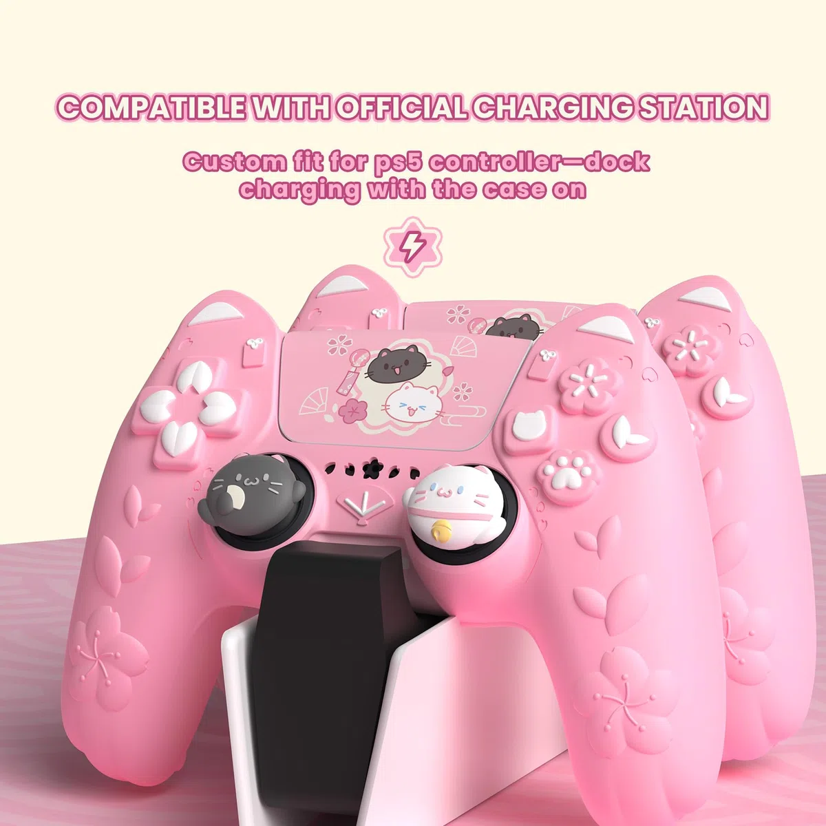 PlayVital Cover Controller per ps5 Joystick Custodia Silicone Grip Antiscivolo con Copri Analogici e Adesivi, Accessori Protettivi Carini, Adatto per ps5 Base di Ricarica, Gattino di Fiori-Rosa