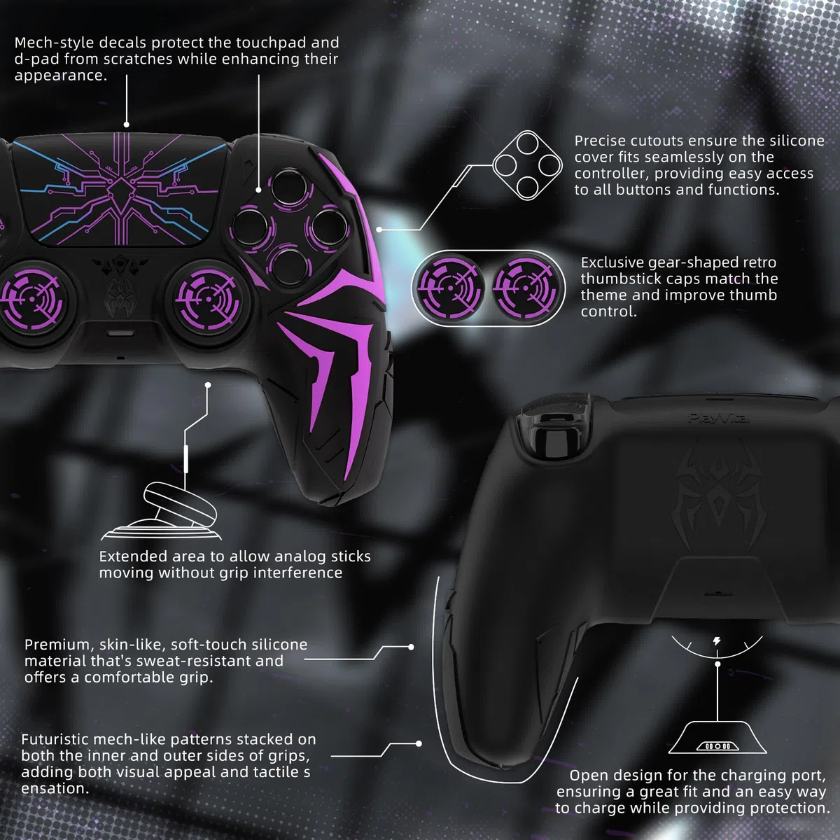 PlayVital Cover Controller per ps5 Joystick Custodia Silicone Skin Antiscivolo Grip Ergonomico, 2 Copri Analogici e 6 Adesivi, Adatto per ps5 Base di Ricarica, Cyber Spider - Nero&Viola