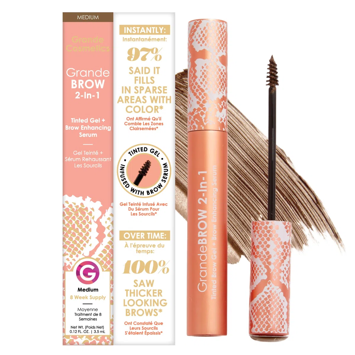 Grande Cosmetics GrandeBROW 2-in-1 Brow Gel Colorato per Sopracciglia + Siero Potenziante - Colore e Volume Immediati - Sopracciglia Visibilmente Più Spesse - Tono Medio