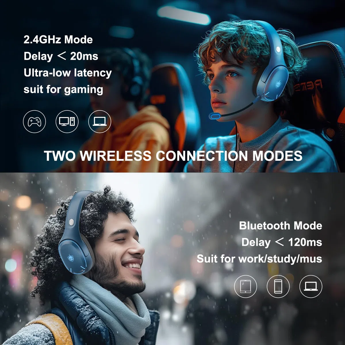 PHOINIKAS Cuffie Gaming Wireless, 2,4GHz Wireless Cuffie per PC/Ps5/Ps4, Microfono a Cancellazione, Cuffie con Microfono, Batteria 30 H, Luce LED, 5.3 Bluetooth per Telefono/Portatile (Blu)