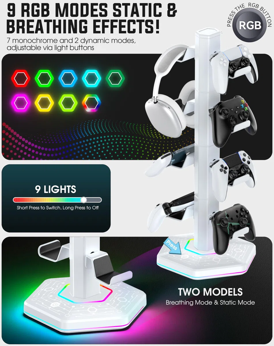 4 Tier Supporto per Controller RGB con 9 Modalità di Illuminazione, Supporto Cuffie Gaming con 2 Porte USB 3.0 e Organizer per Cavi, Stand per Cuffie, Bianco